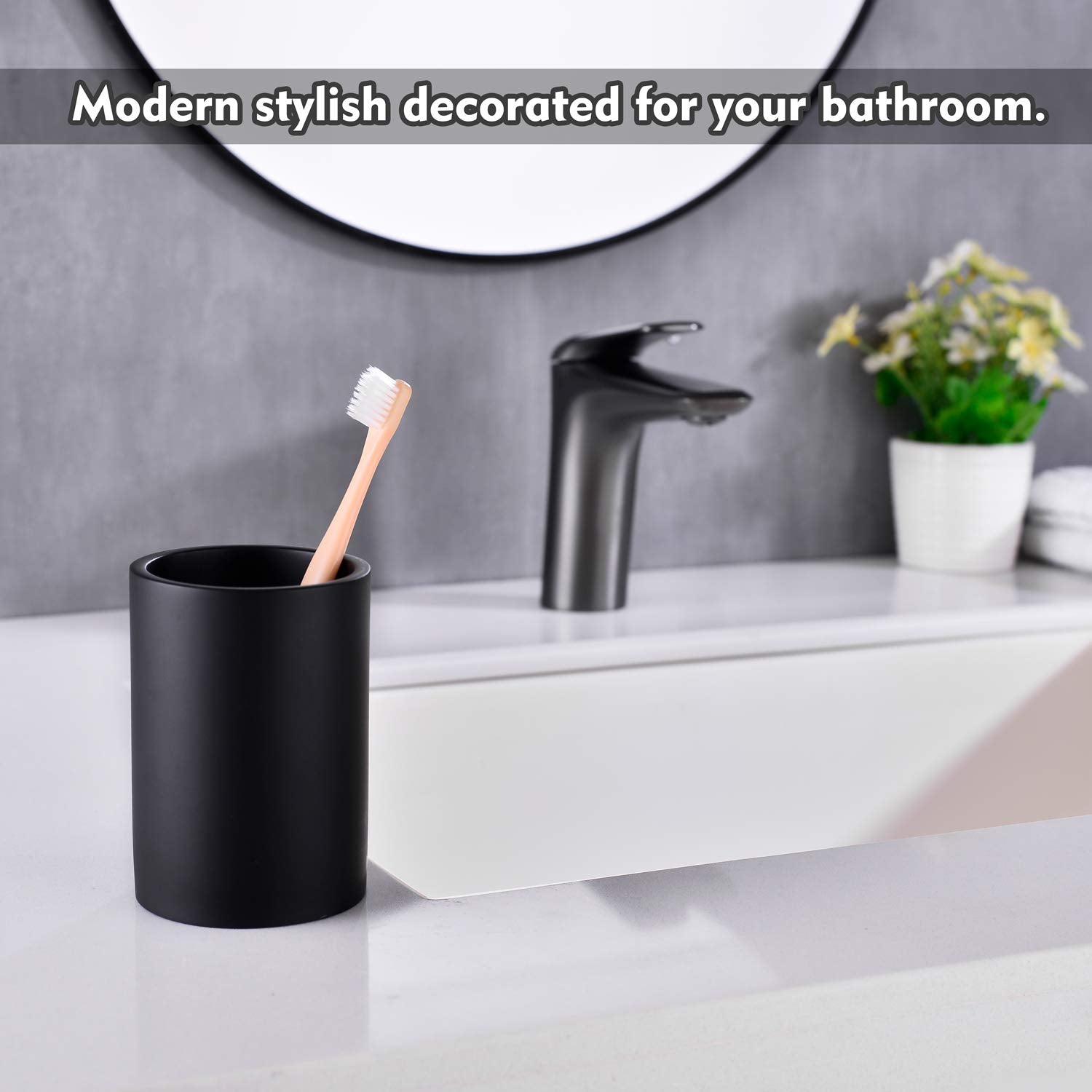 Jincrop Matte Black Bathroom Cup Resin Matte Black Tumbler Cup Round Bathroom Cylinder Makeup Brushes Cup Toothpaste Pens Holder